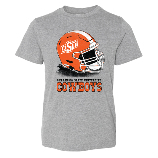 Gray kids t-shirt with orange football helmet graphic and 'Oklahoma State University Cowboys' text on a white background