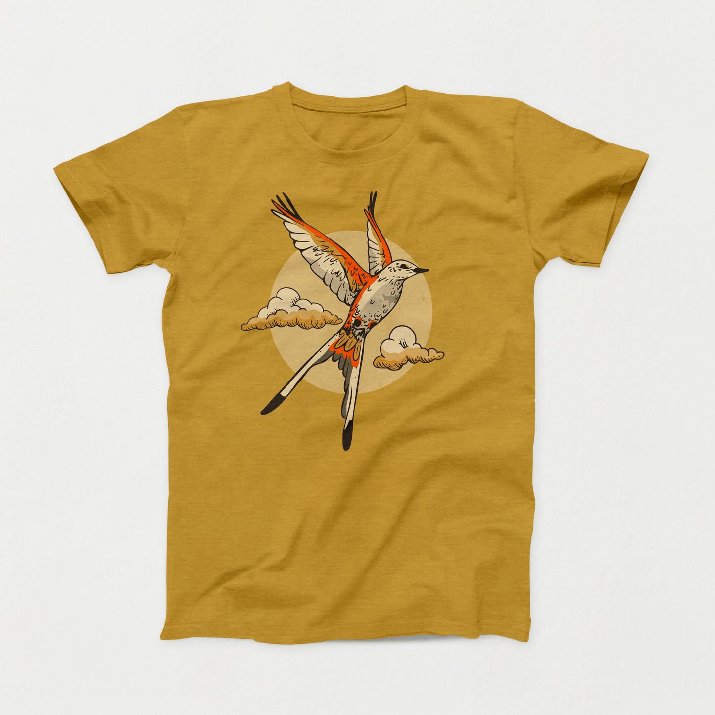 Mustard colored Oklahoma t-shirt. Design is of the state bird, a Scissortail Flycatcher, in flight. There are clouds and the sun behind the bird. Screen printed in orange, cream, black and gold.