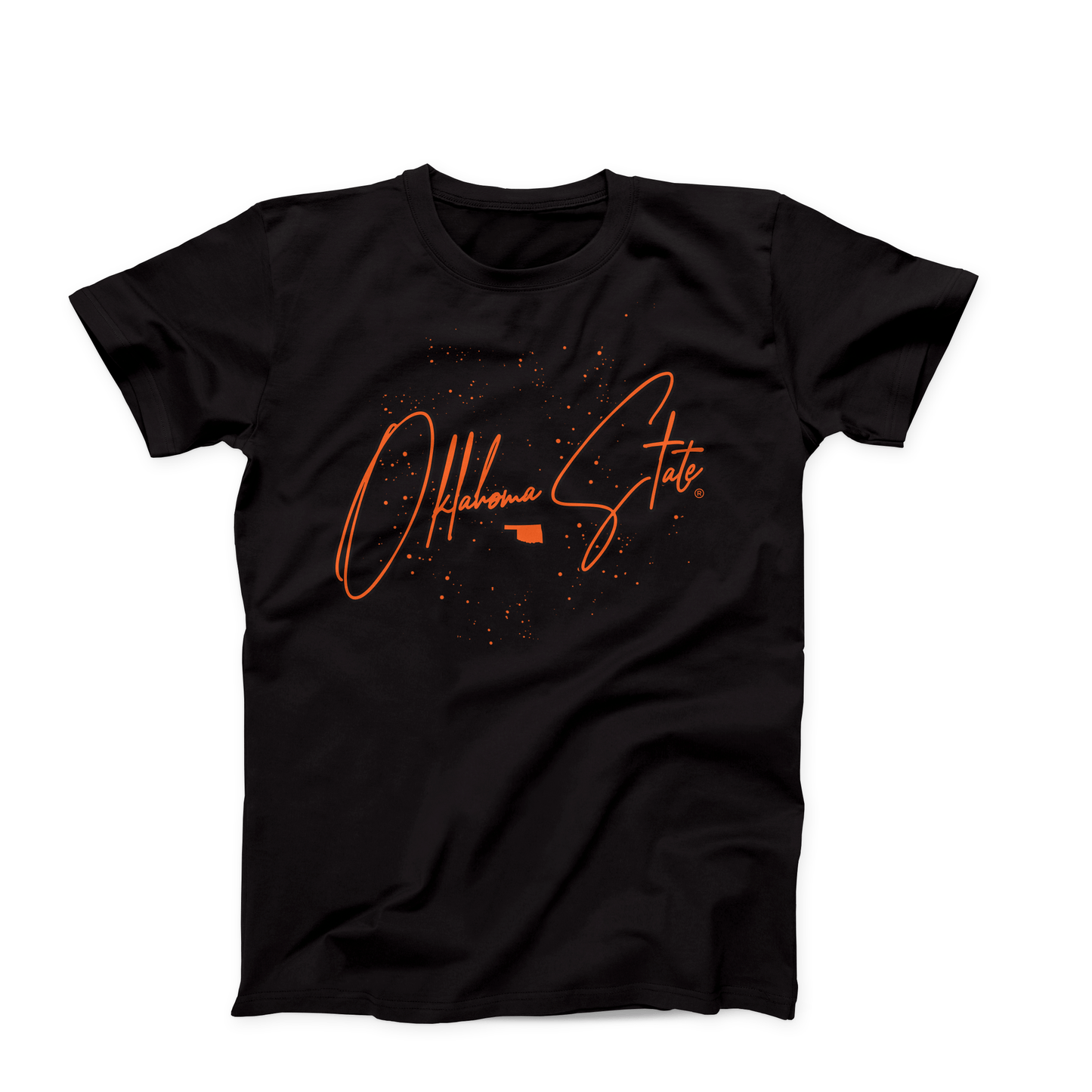 Black t-shirt with orange Oklahoma State script, state silhouette, and splatter accents, OSU Shirt of the Month Intro Shirt