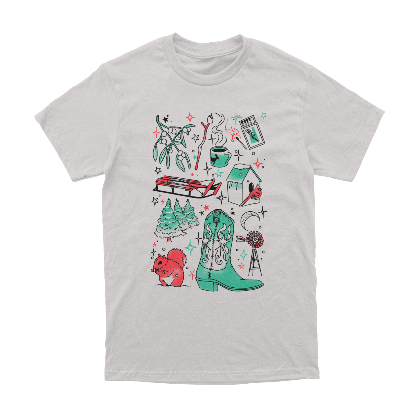 Front of silver t-shirt with festive Oklahoma doodles in red and green. December 2025 Oklahoma Shirt of the Month.
