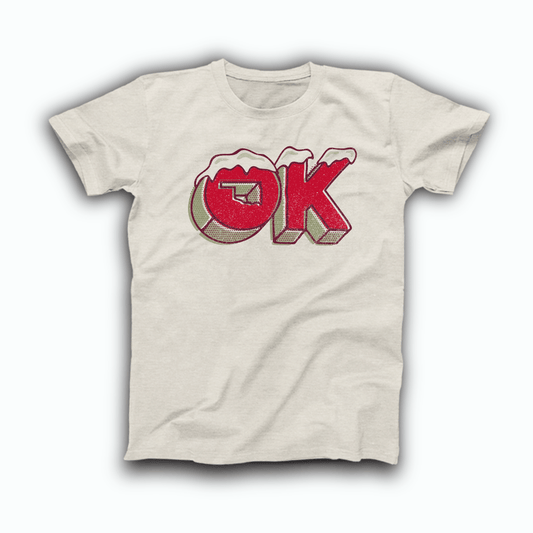 Vintage white t-shirt with red 3D OK lettering topped with snow caps, December 2019 Oklahoma Shirt of the Month