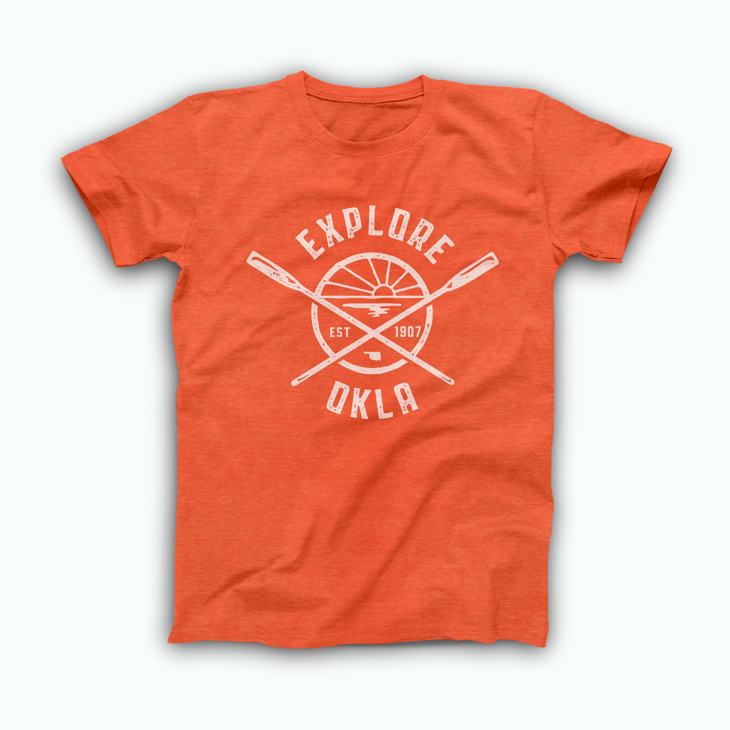 Heather orange t-shirt with crossed oars, sunburst, and Oklahoma silhouette, May 2019 Oklahoma Shirt of the Month