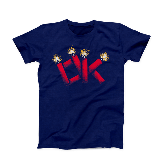 Navy colored Oklahoma T-shirt. Screen printed across the chest is "OK" made out of red firecrackers, the tops of which are lit in a yellow and white spark.