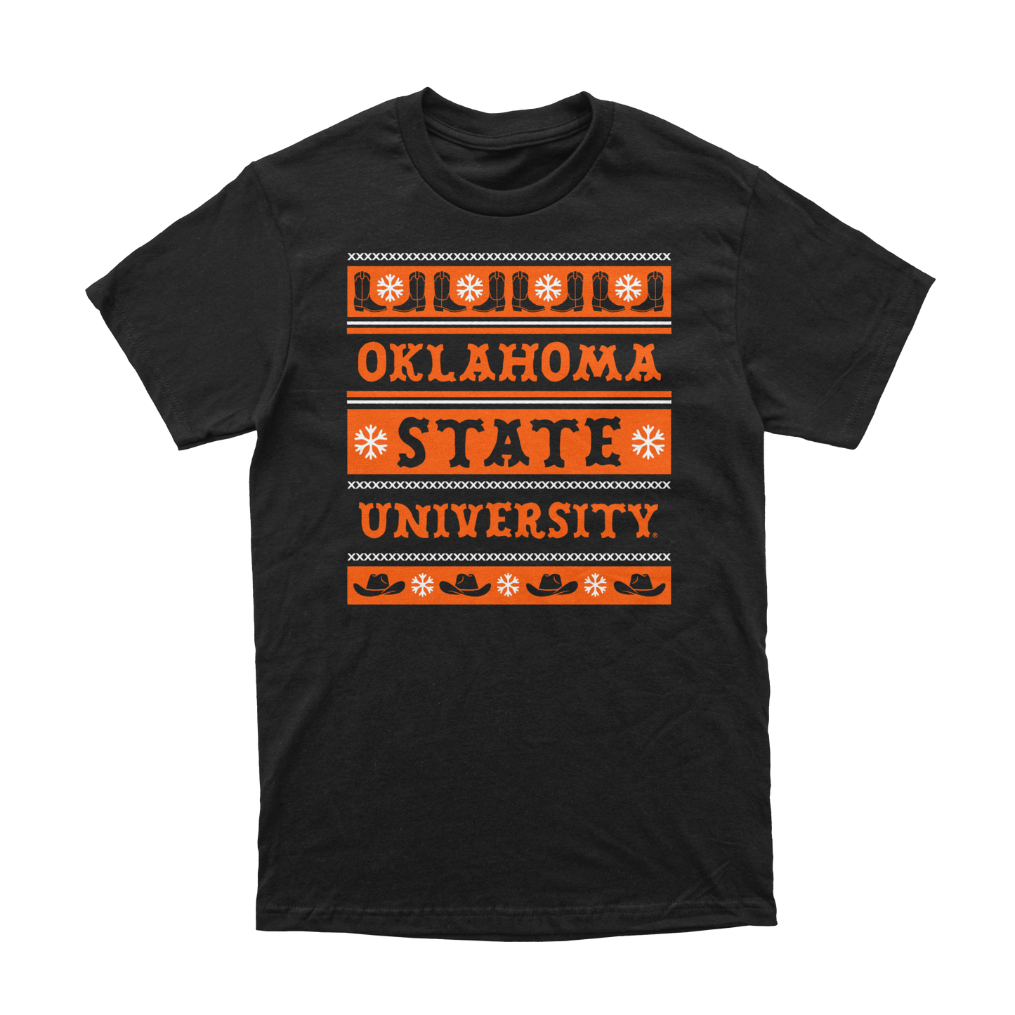 Front of black t-shirt with orange and white OSU sweater pattern design. December 2025 Oklahoma State Shirt of the Month.