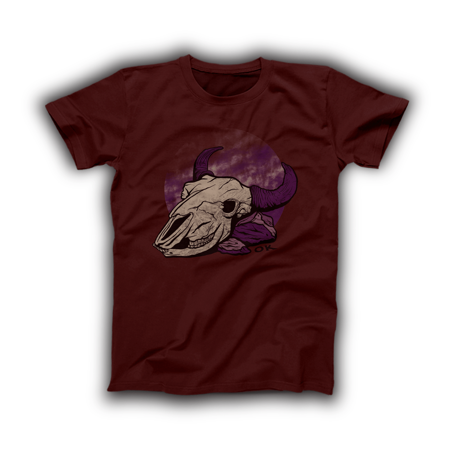 Burgundy t-shirt with buffalo skull and purple night sky design, October 2019 Oklahoma Shirt of the Month