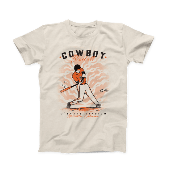 Natural colored OSU T-shirt. "Cowboy Baseball" across the top. OSU Baseball player mid strike in the middle of the shirt. "O'Brate Stadium, Stillwater Oklahoma" Across the bottom. "Baseball" & location printed in an orange script font. "Cowboy" & "O'brate Stadium" in a sans serif black font.