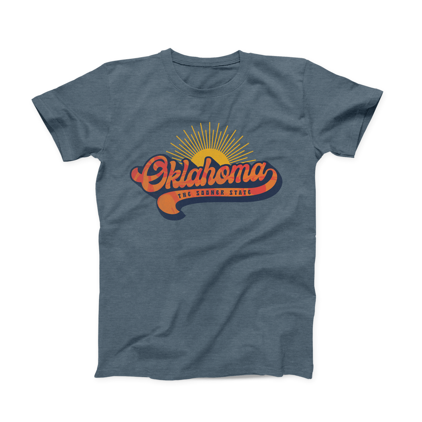 Front of heather slate t-shirt with retro orange and yellow Oklahoma sunrise design. June 2021 Oklahoma Shirt of the Month.