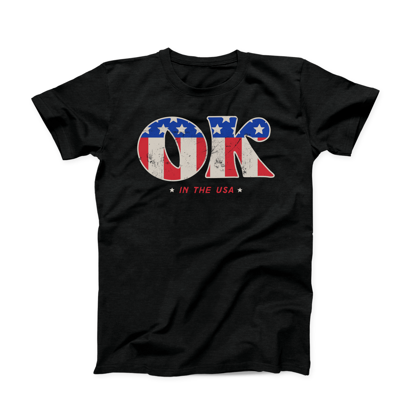Solid black colored Oklahoma t-shirt. Screen printed in a vintage, distressed style is a large "OK" with the American flag print inside the letters. And in smaller font below is "IN THE USA" in red with a small white star on either side.