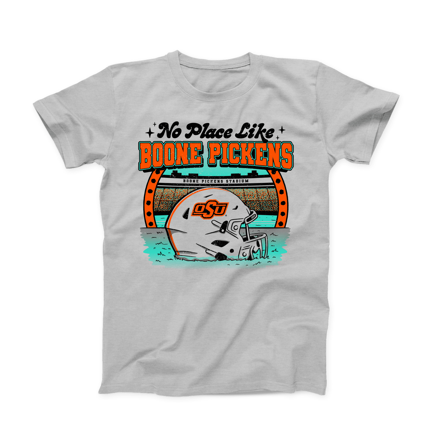 Silver Grey OSU Football T-shirt. "No Place Like" in Black font at the top. "Boone Pickens" in bold orange font below that. Stadium and OSU Football helmet under the words. Whole design in teal, orange and black.