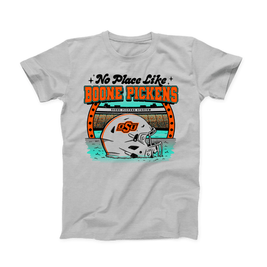 Silver Grey OSU Football T-shirt. "No Place Like" in Black font at the top. "Boone Pickens" in bold orange font below that. Stadium and OSU Football helmet under the words. Whole design in teal, orange and black.