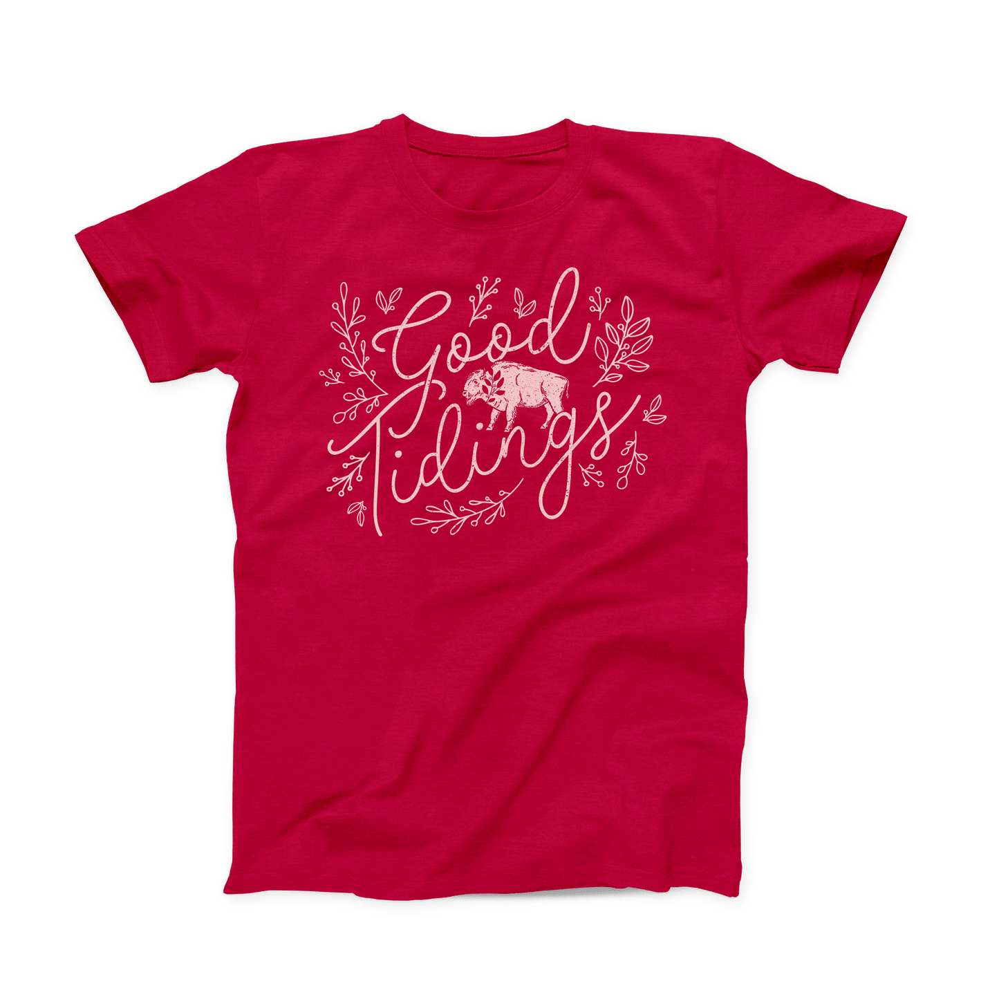 Heather Red colored Oklahoma T-shirt. Design is done in a soft white print and shows "Good Tidings" in a thin, script font. Between the words is a buffalo, and around the words are decorative leaf prints.