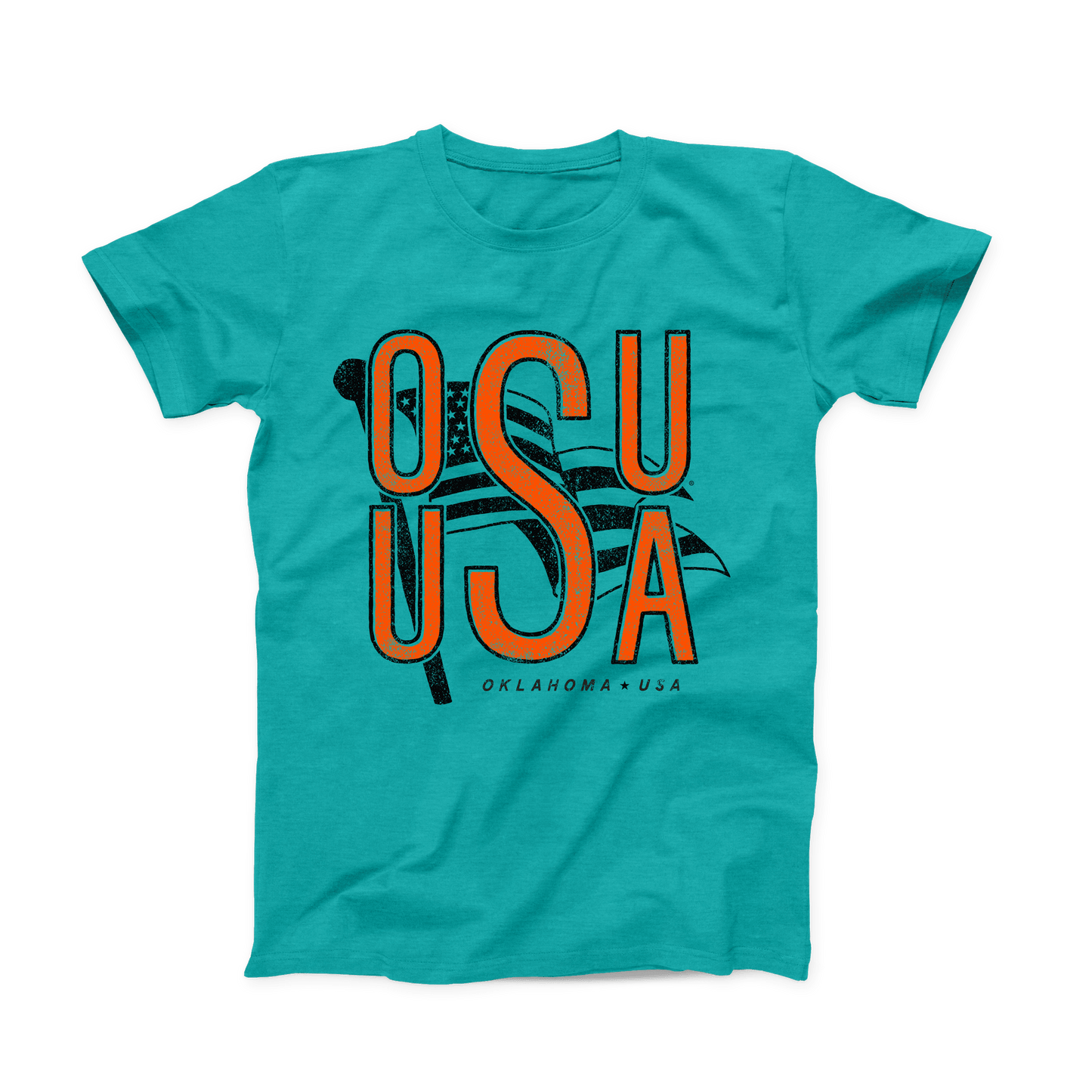 Teal OSU T-shirt. Orange font OSU stacked atop USA, sharing the S. Black American Flag in the background, and small "Oklahoma (star) USA" at the bottom.
