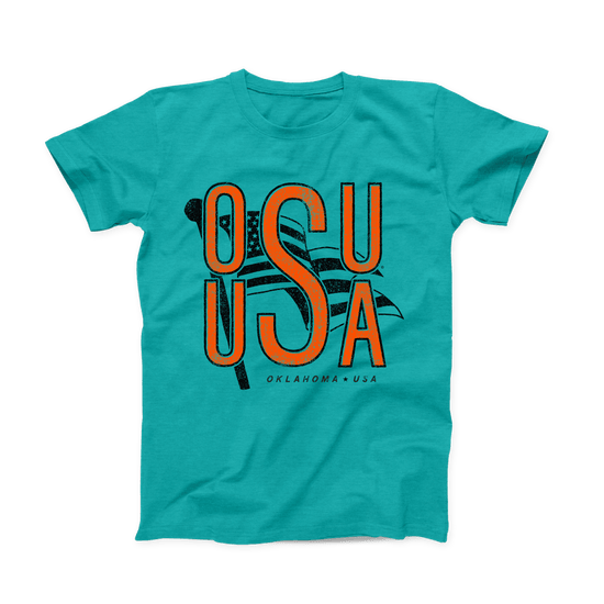 Teal OSU T-shirt. Orange font OSU stacked atop USA, sharing the S. Black American Flag in the background, and small "Oklahoma (star) USA" at the bottom.