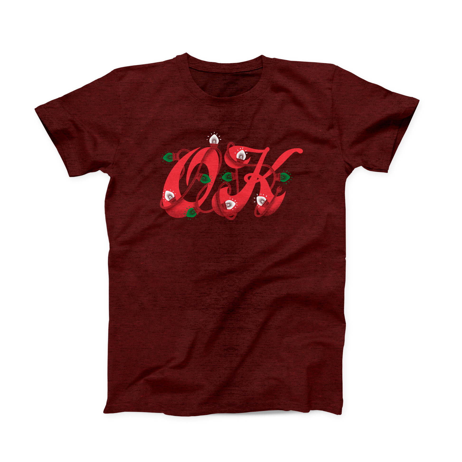 Heather Cardinal colored Oklahoma T-shirt. Design is a red, script-like "OK" wrapped up in string lights of green and white. 