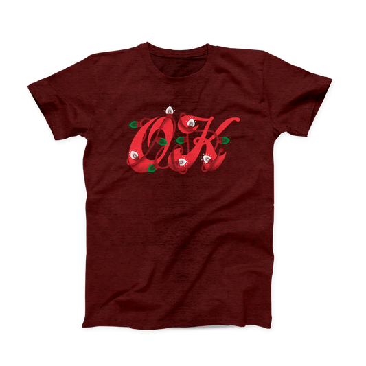 Heather Cardinal colored Oklahoma T-shirt. Design is a red, script-like "OK" wrapped up in string lights of green and white. 