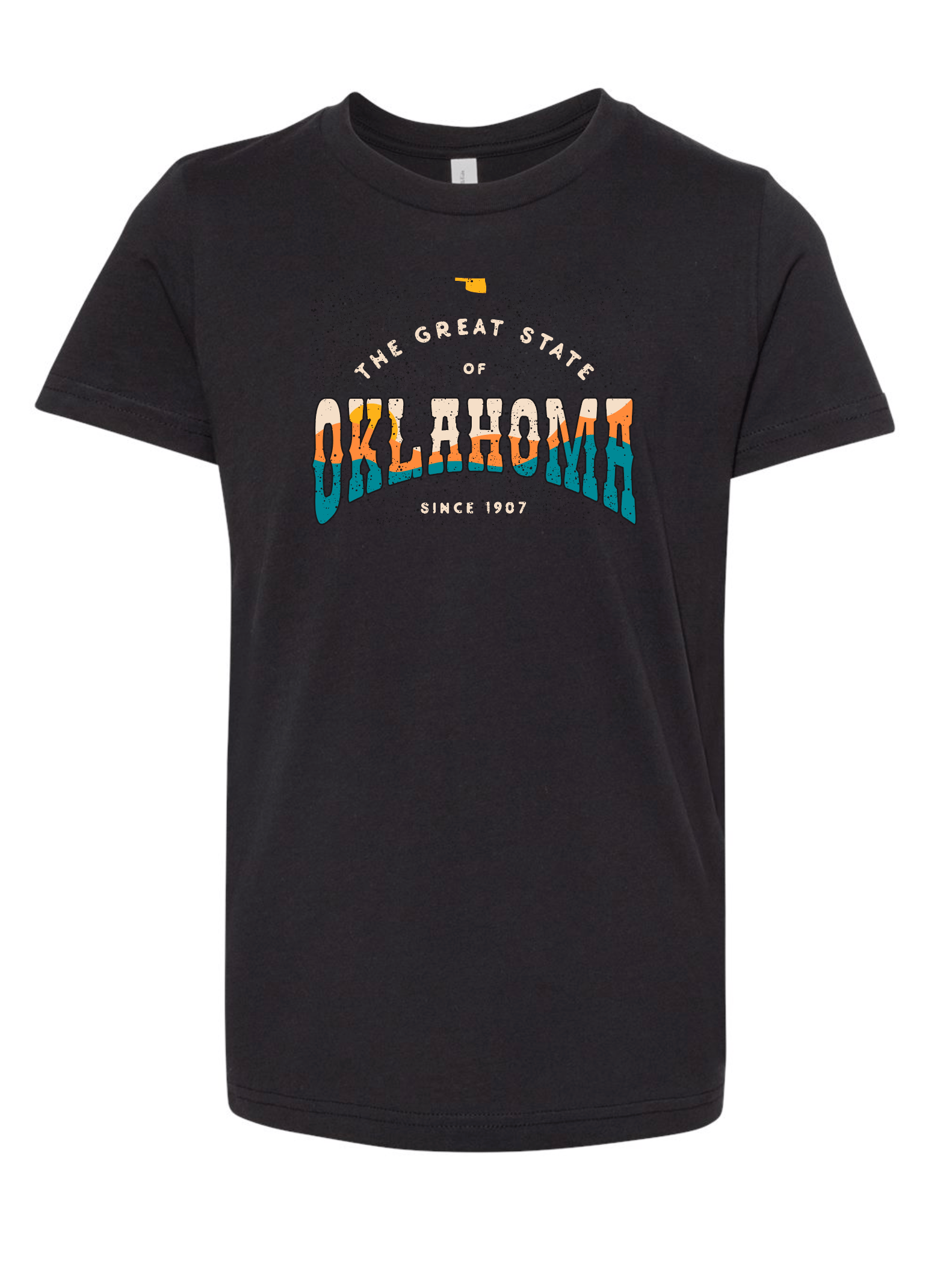 Front of youth black t-shirt with distressed Oklahoma text in orange and blue. April 2021 Oklahoma Shirt of the Month.