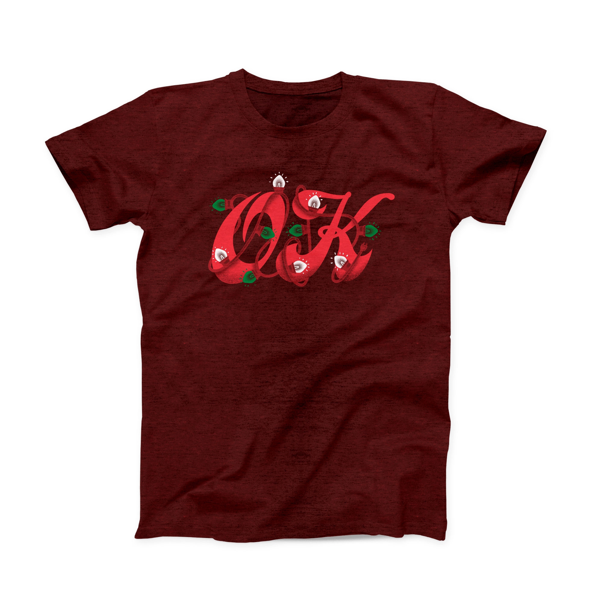 Heather Cardinal colored Oklahoma T-shirt. Design is a red, script-like "OK" wrapped up in string lights of green and white. 