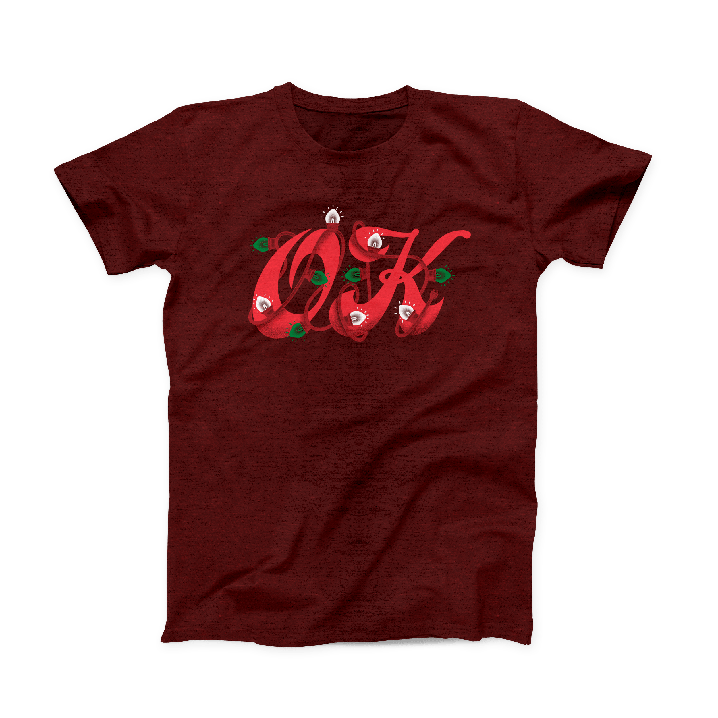 Heather Cardinal colored Oklahoma T-shirt. Design is a red, script-like "OK" wrapped up in string lights of green and white. 
