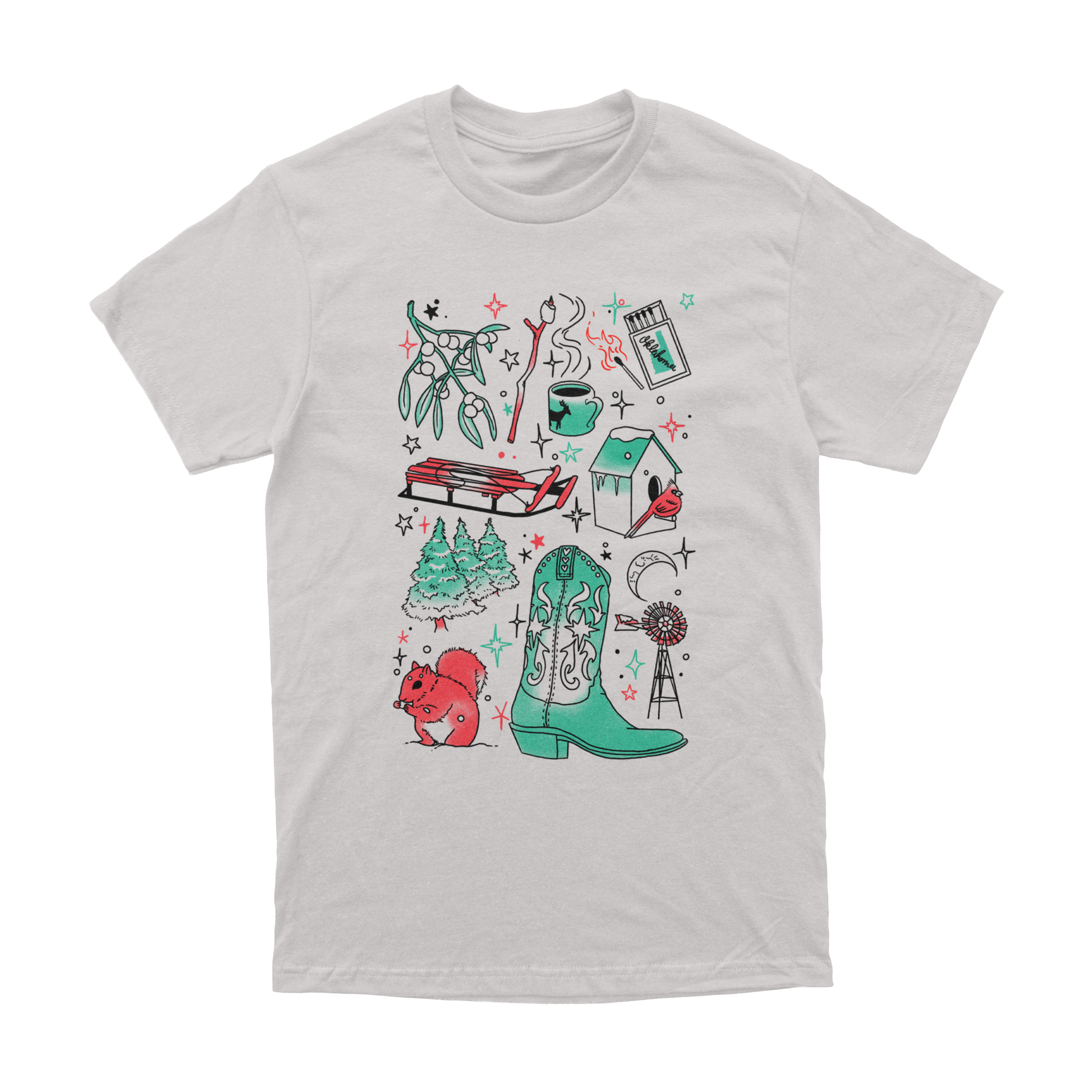 Front of silver t-shirt with festive Oklahoma doodles in red and green. December 2025 Oklahoma Shirt of the Month.