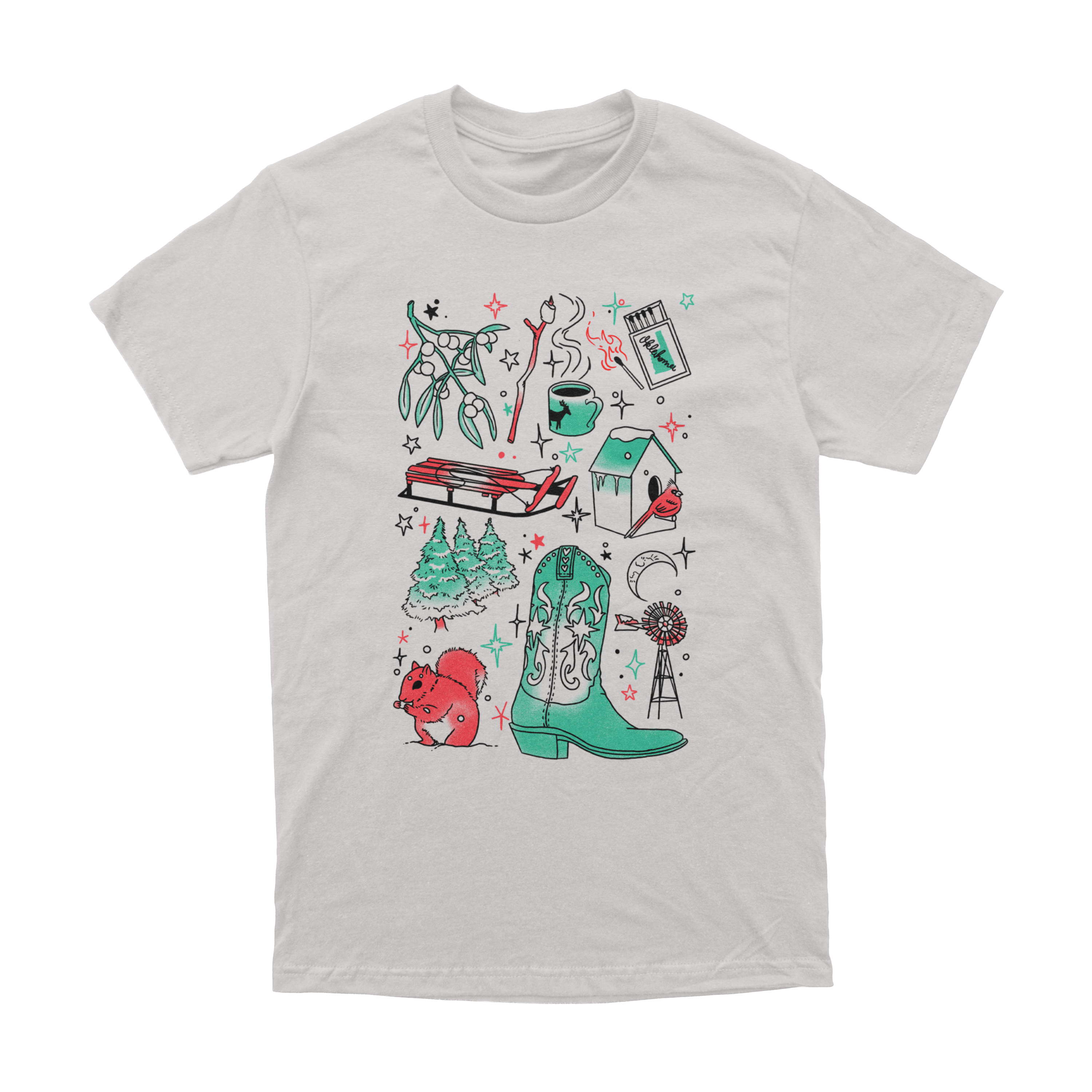 Front of silver t-shirt with festive Oklahoma doodles in red and green. December 2025 Oklahoma Shirt of the Month.