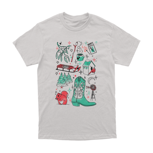 Front of silver t-shirt with festive Oklahoma doodles in red and green. December 2025 Oklahoma Shirt of the Month.