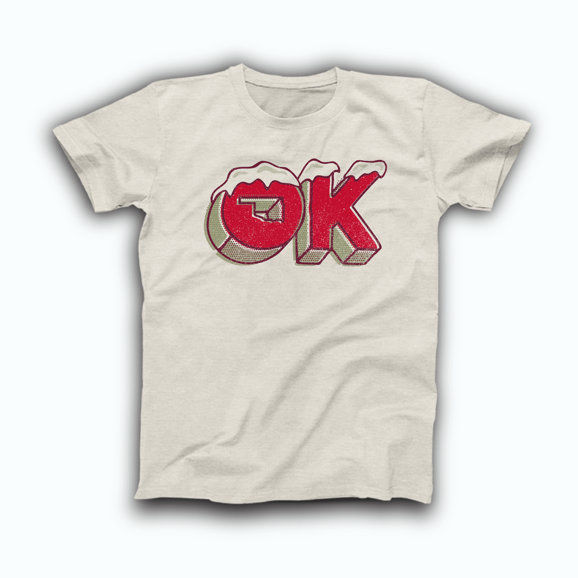 Heather natural t-shirt with red 3D OK lettering topped with snow caps, December 2019 Oklahoma Shirt of the Month