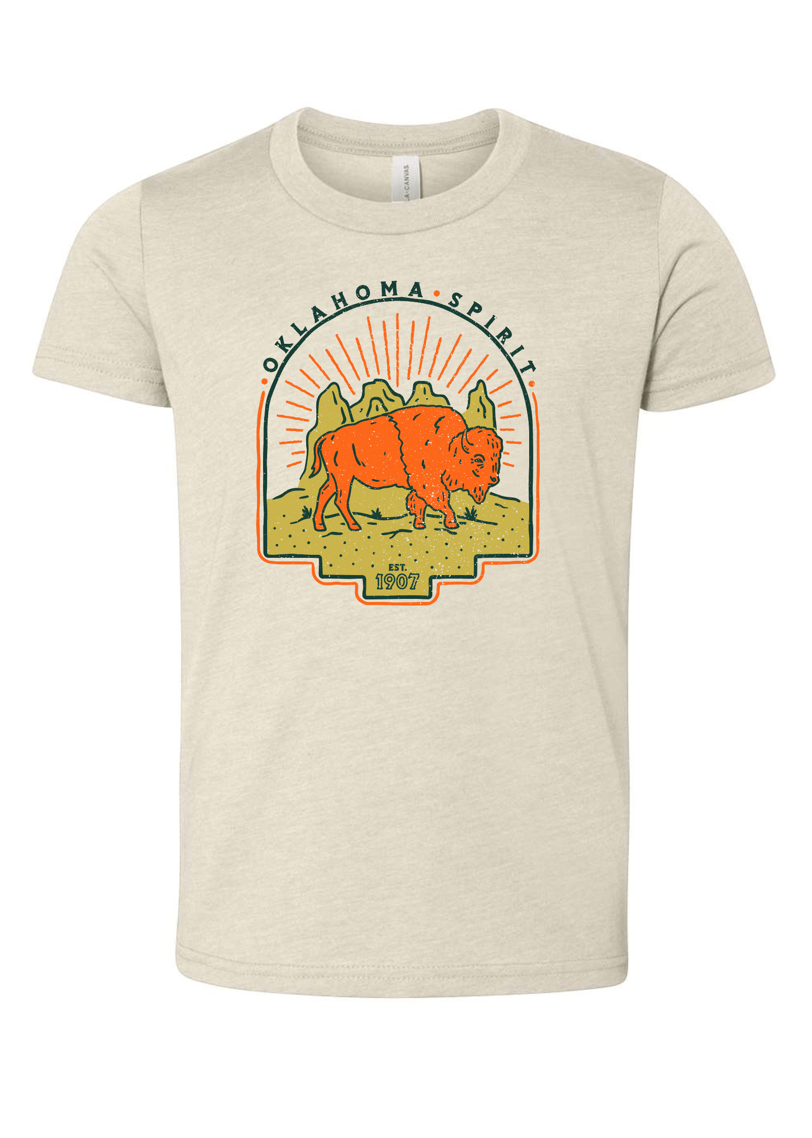 Front of youth natural heather t-shirt with orange bison and sunrise design. May 2021 Oklahoma Shirt of the Month.