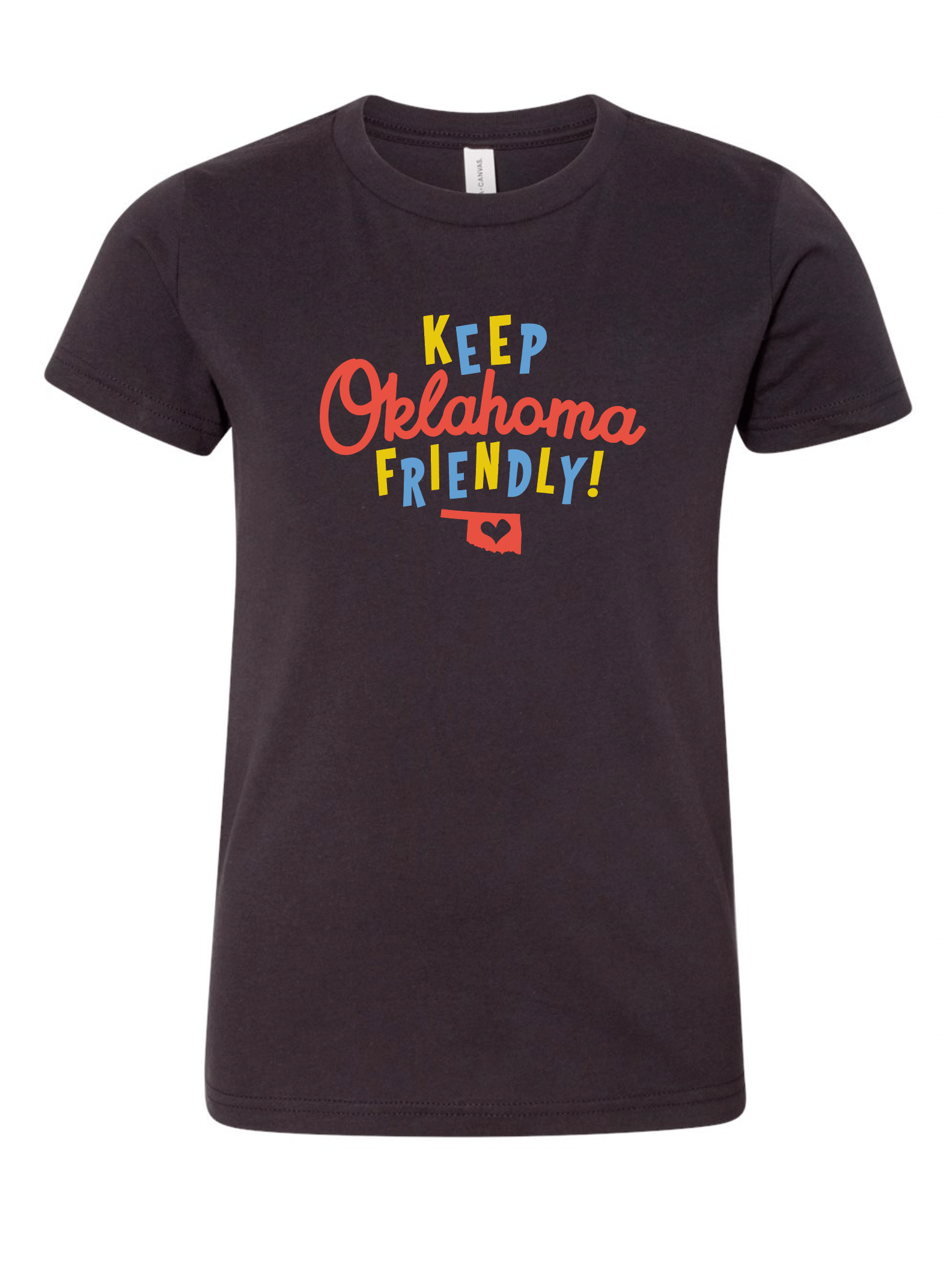 A dark heather grey color Oklahoma youth T-shirt. "KEEP" printed in alternating yellow and blue letters at the top. "Oklahoma" is red script font in the middle.