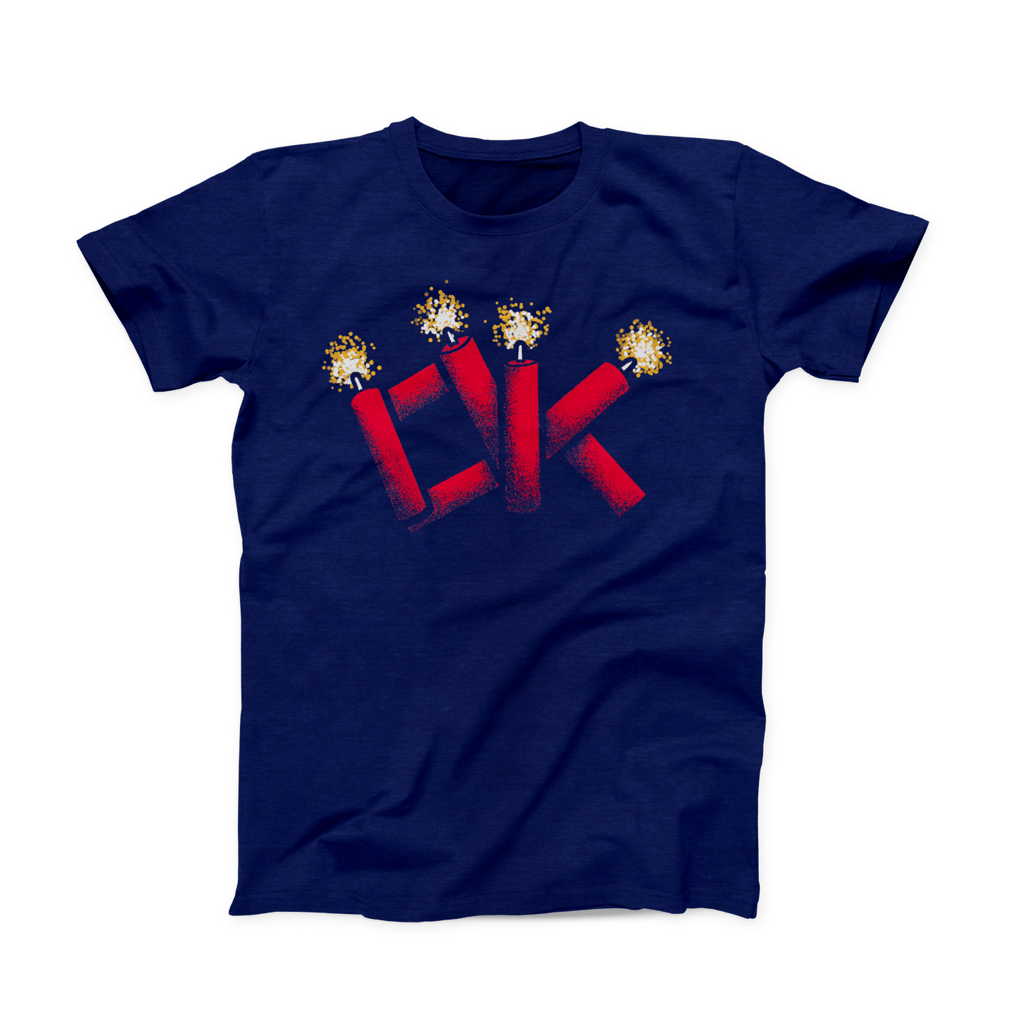 Navy colored Oklahoma T-shirt. Screen printed across the chest is "OK" made out of red firecrackers, the tops of which are lit in a yellow and white spark.