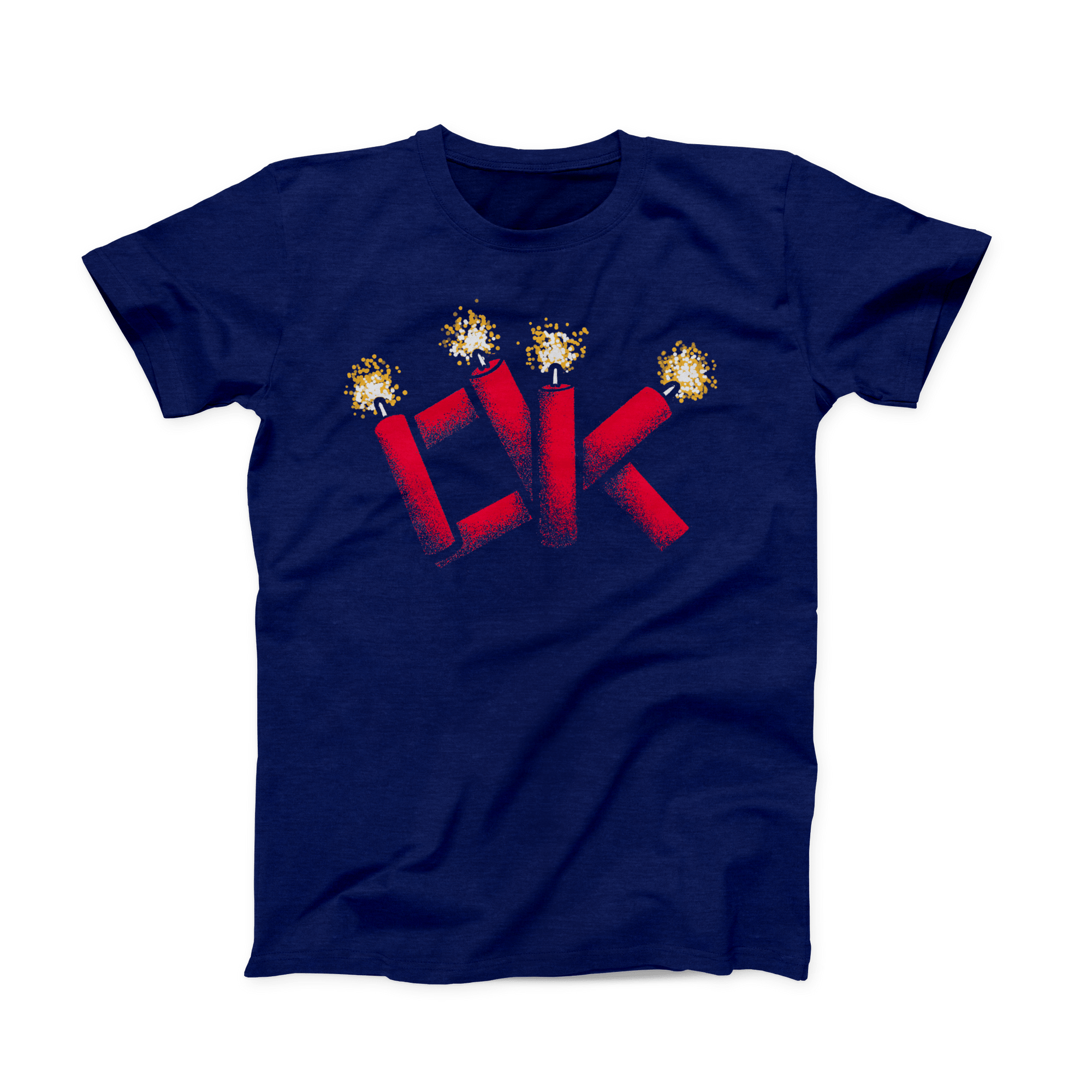 Navy colored Oklahoma T-shirt. Screen printed across the chest is "OK" made out of red firecrackers, the tops of which are lit in a yellow and white spark.