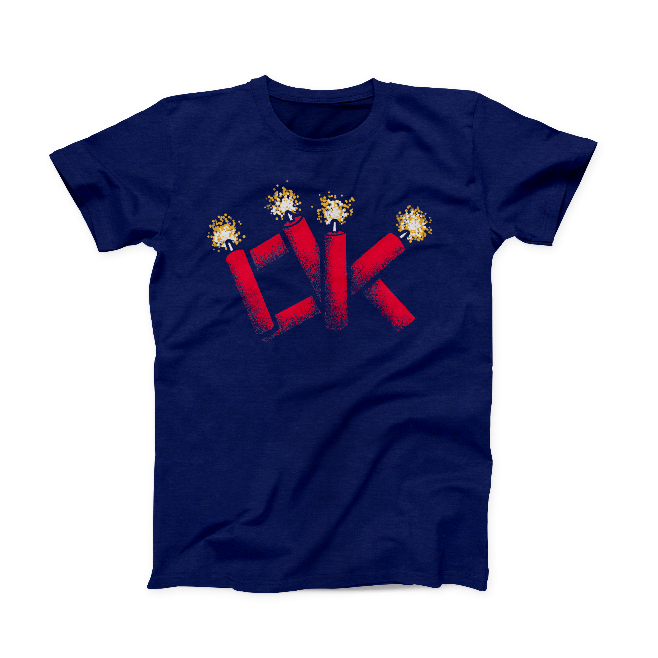 Navy colored Oklahoma T-shirt. Screen printed across the chest is "OK" made out of red firecrackers, the tops of which are lit in a yellow and white spark.