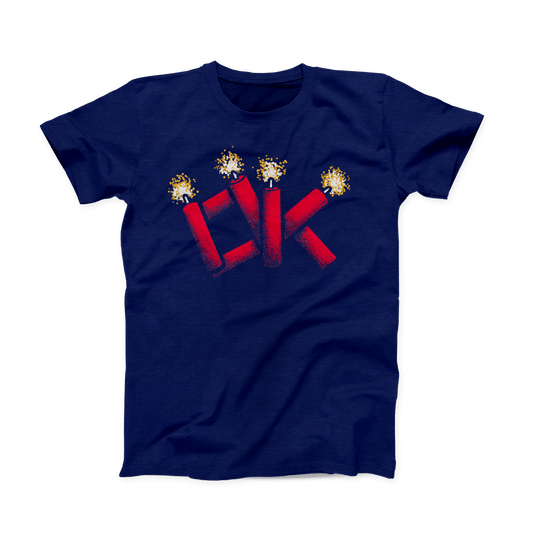 Navy colored Oklahoma T-shirt. Screen printed across the chest is "OK" made out of red firecrackers, the tops of which are lit in a yellow and white spark.