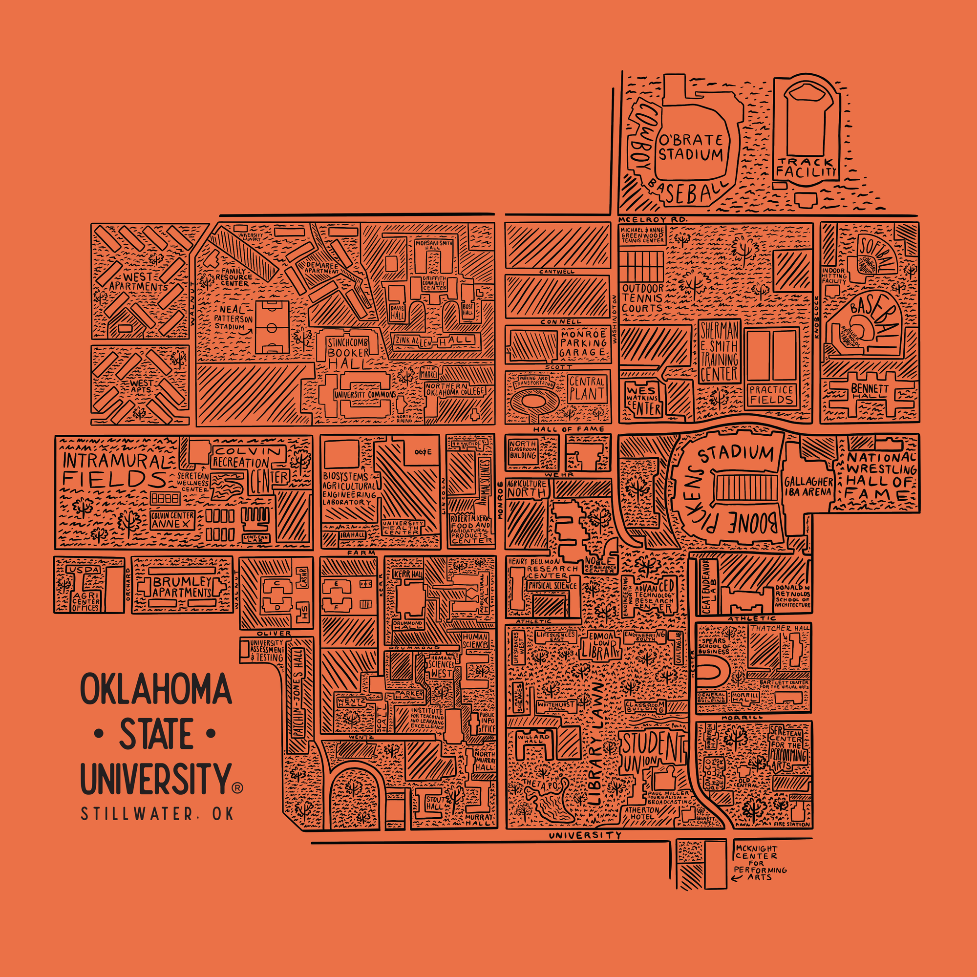 Full design of hand-drawn OSU Stillwater campus map design. May 2021 Oklahoma State Shirt of the Month.