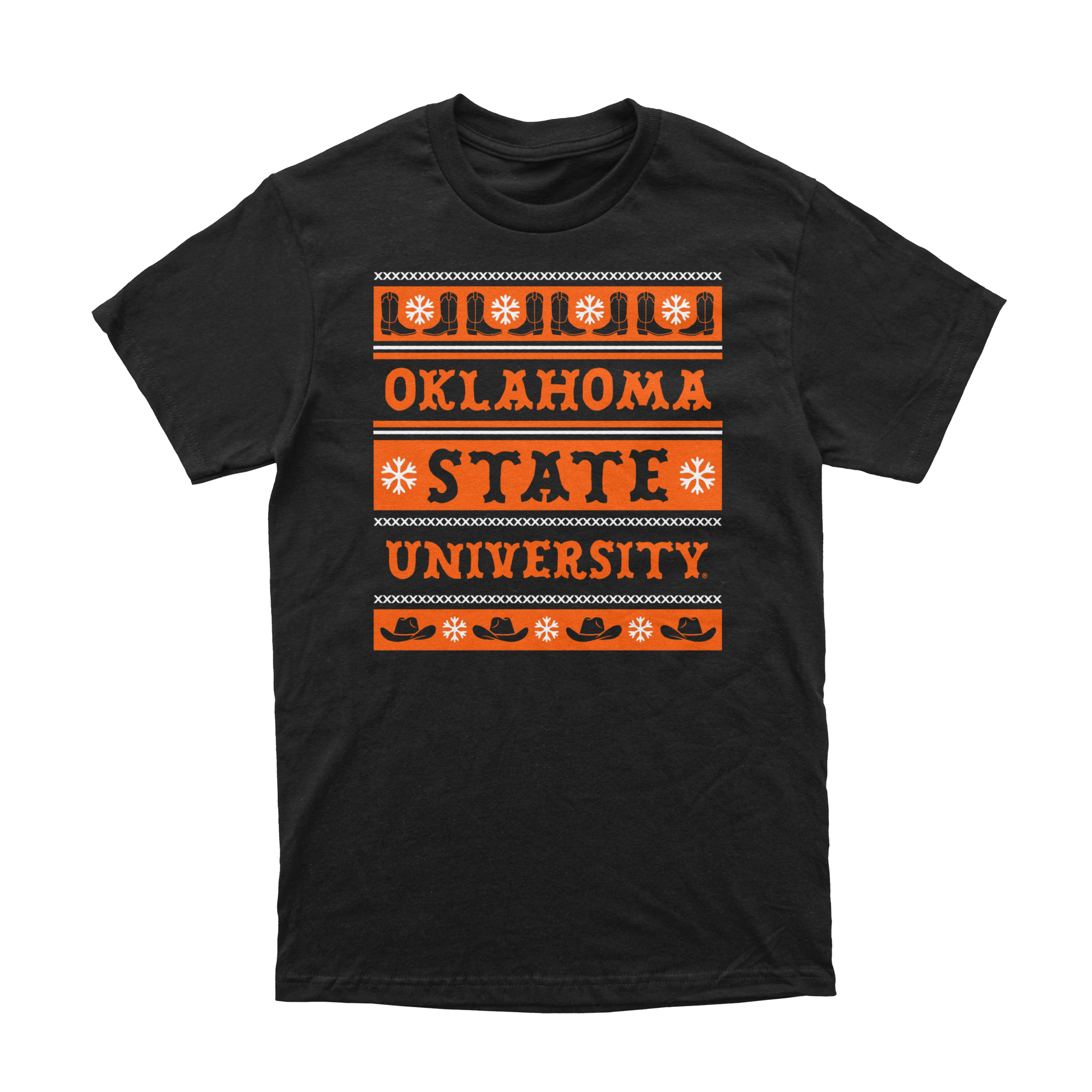 Front of black t-shirt with orange and white OSU sweater pattern design. December 2025 Oklahoma State Shirt of the Month.