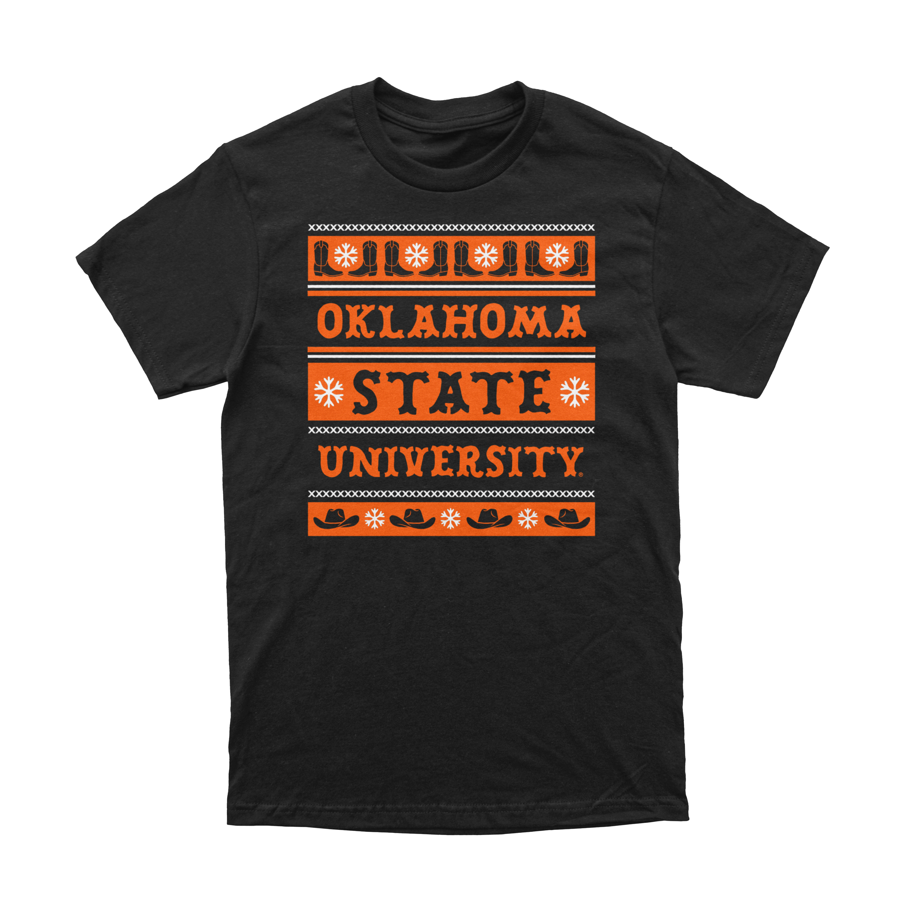 Front of black t-shirt with orange and white OSU sweater pattern design. December 2025 Oklahoma State Shirt of the Month.