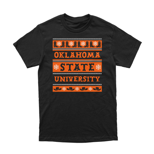 Front of black t-shirt with orange and white OSU sweater pattern design. December 2025 Oklahoma State Shirt of the Month.
