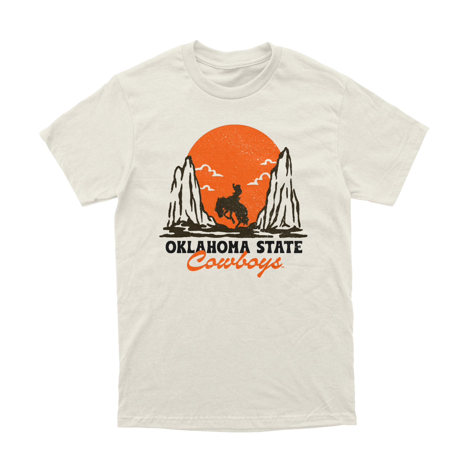 Front of natural colored T-shirt with cowboy silhouette and orange sunset