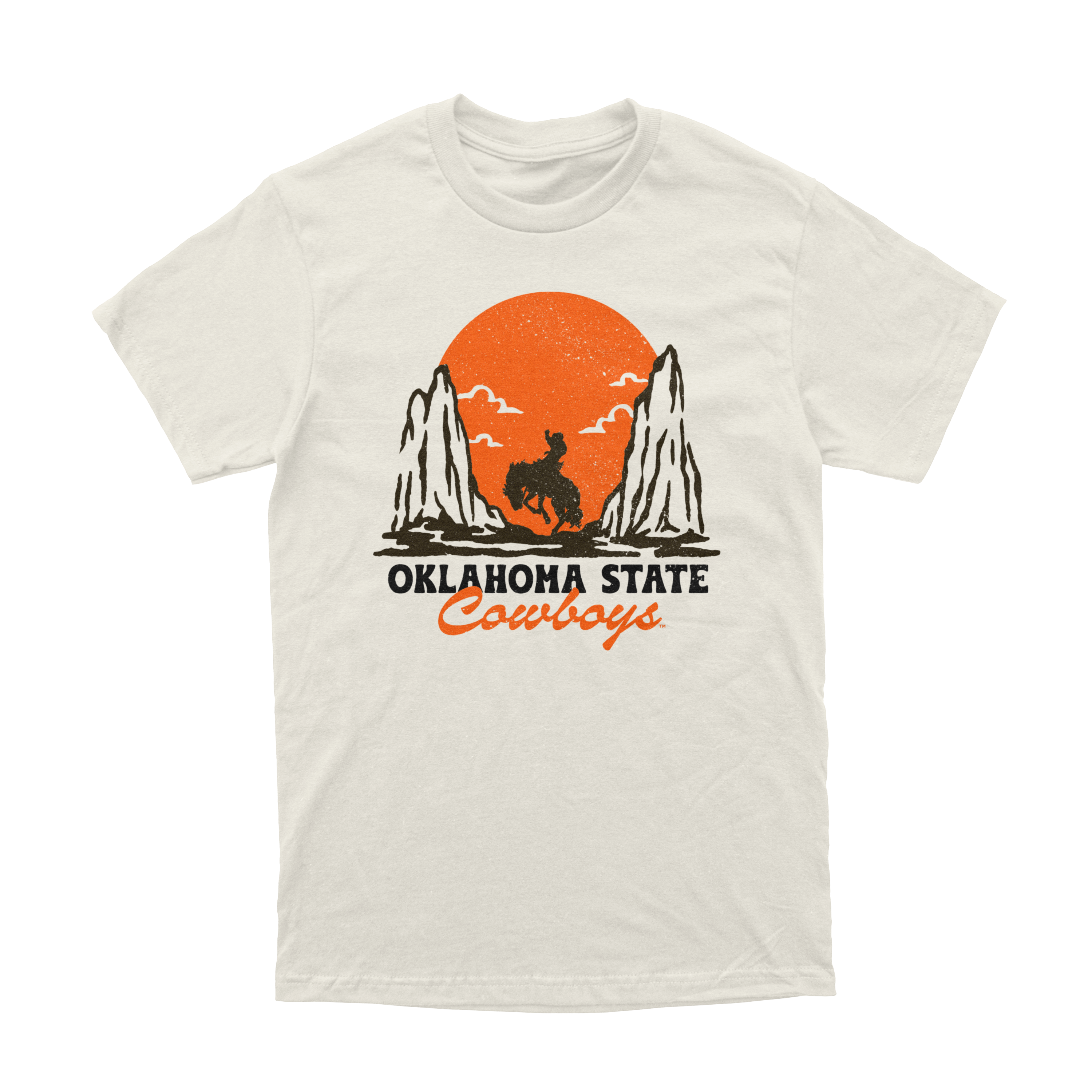 Front of natural colored T-shirt with cowboy silhouette and orange sunset