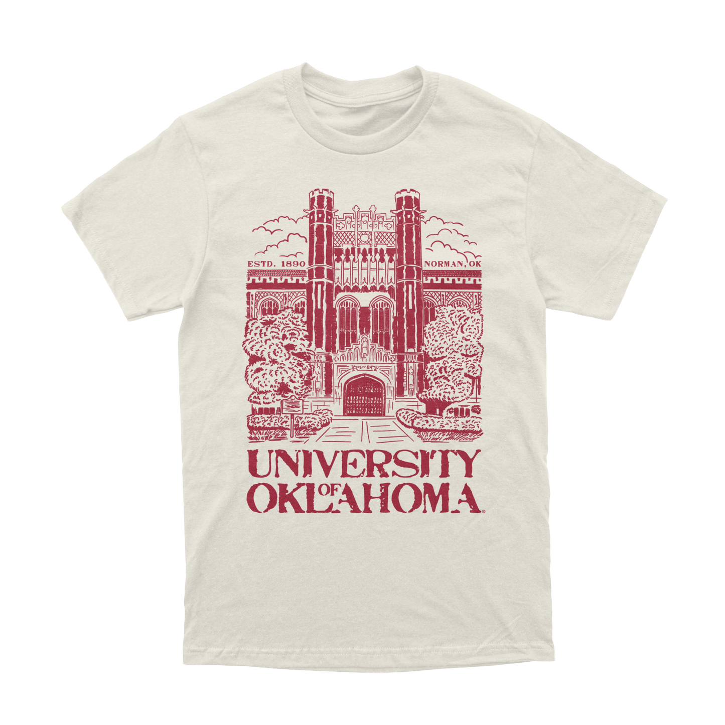 Front of natural colored shirt with  illustration of Bizzell Memorial Library and text in crimson