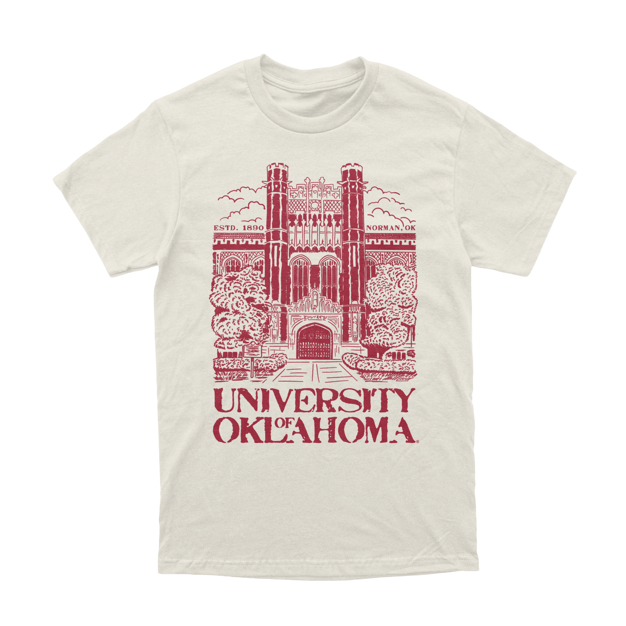 Front of natural colored shirt with  illustration of Bizzell Memorial Library and text in crimson