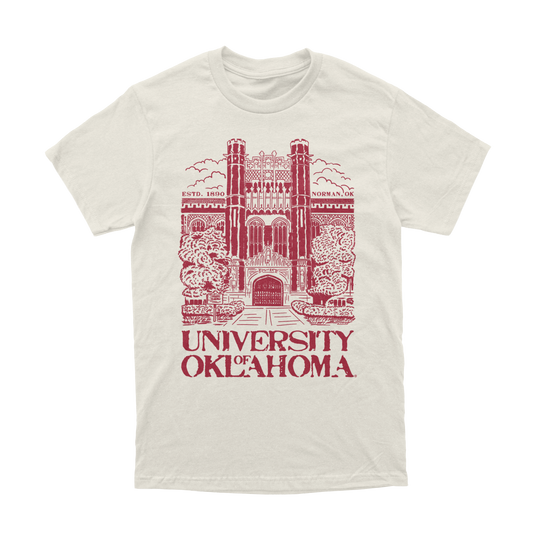 Front of natural colored shirt with  illustration of Bizzell Memorial Library and text in crimson