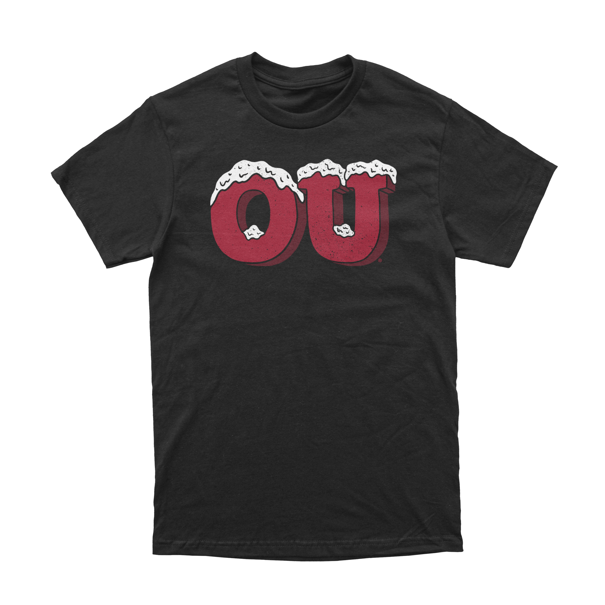 Front of black t-shirt with snow-capped crimson OU logo design. December 2025 OU Shirt of the Month.