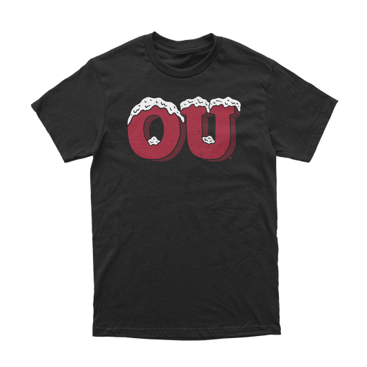 Front of black t-shirt with snow-capped crimson OU logo design. December 2025 OU Shirt of the Month.