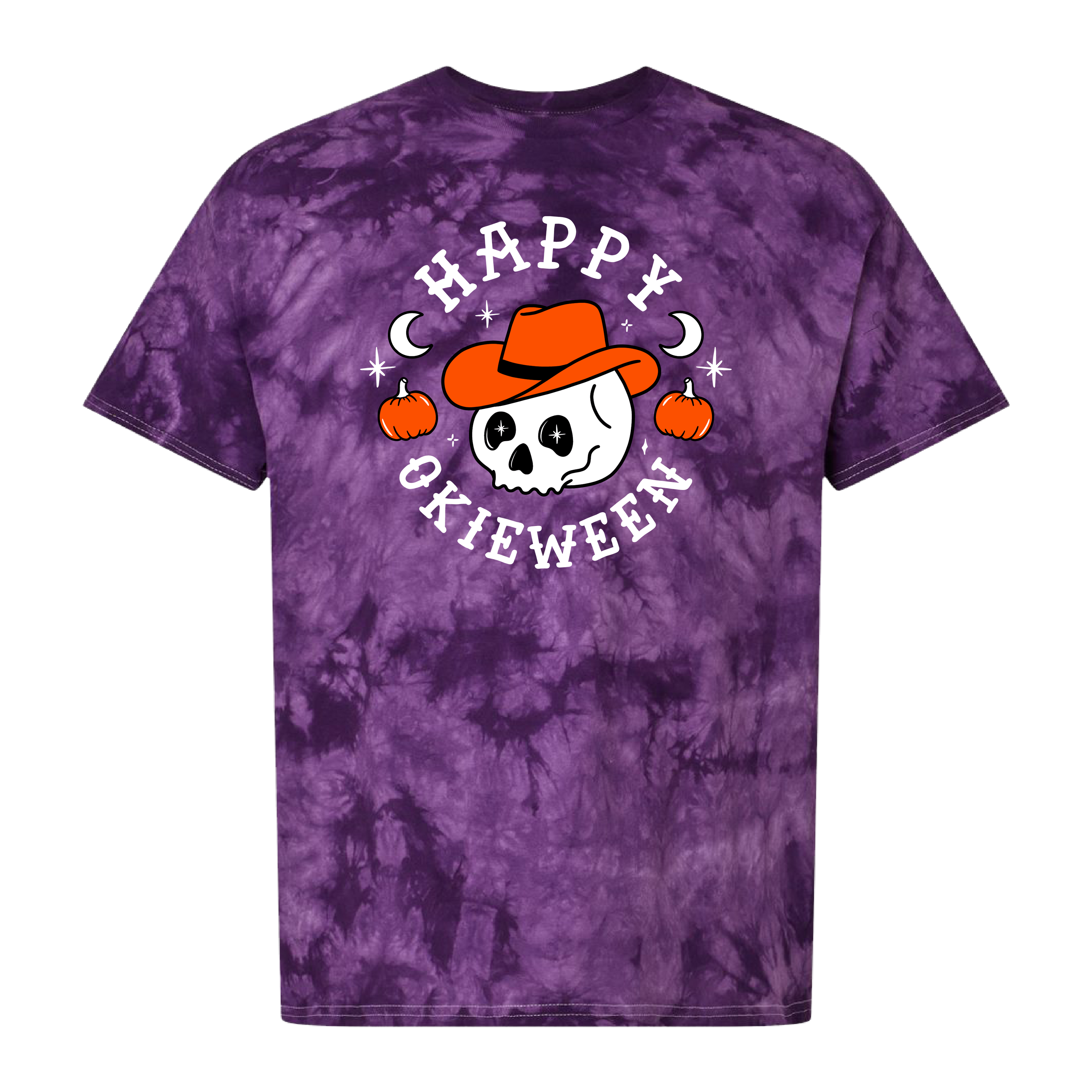 Happy Okieween Skull | Purple Tie Dye T-Shirt | Halloween '24