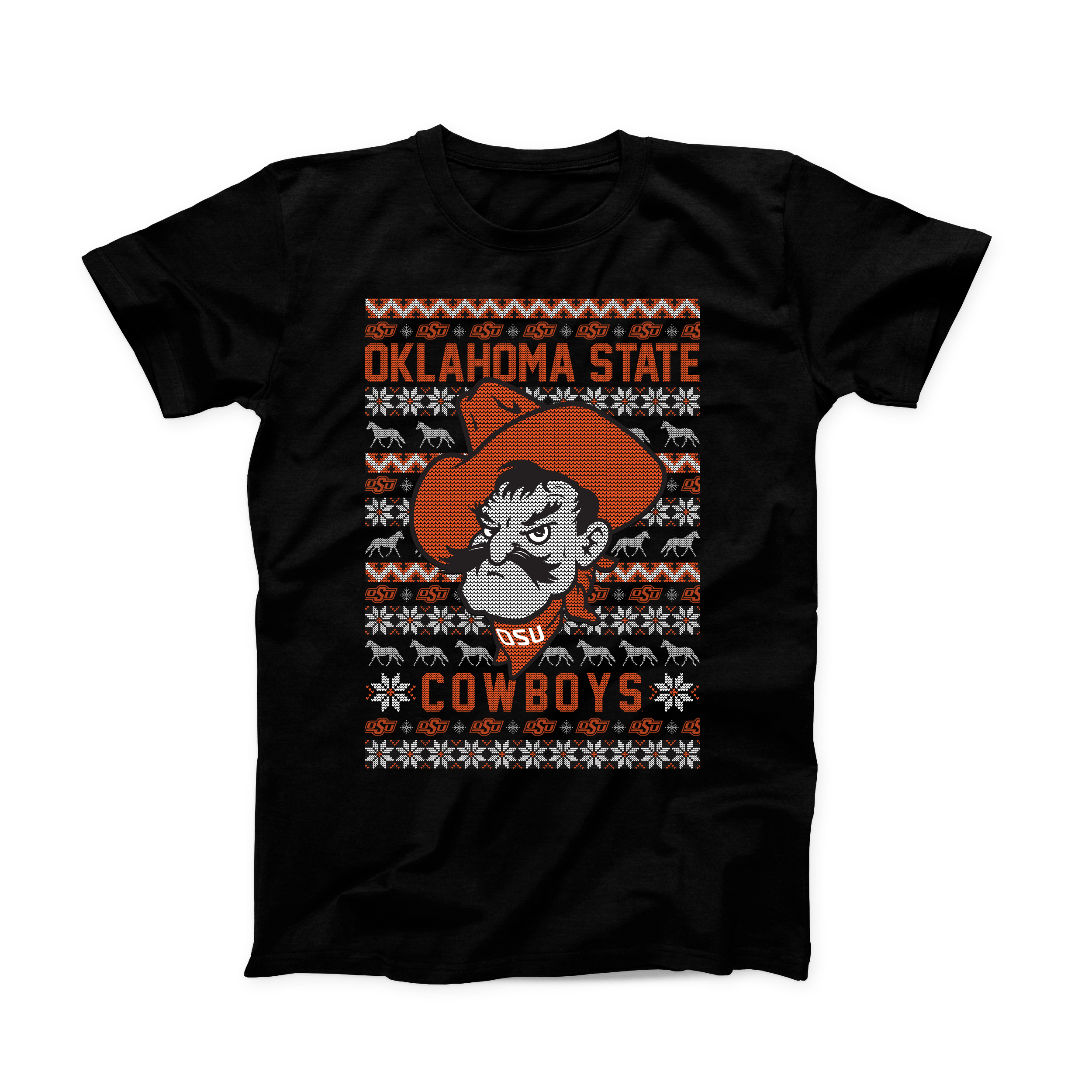 Front of black t-shirt with festive knit-style Pistol Pete and OSU Christmas pattern. December 2020 OSU Shirt of the Month.