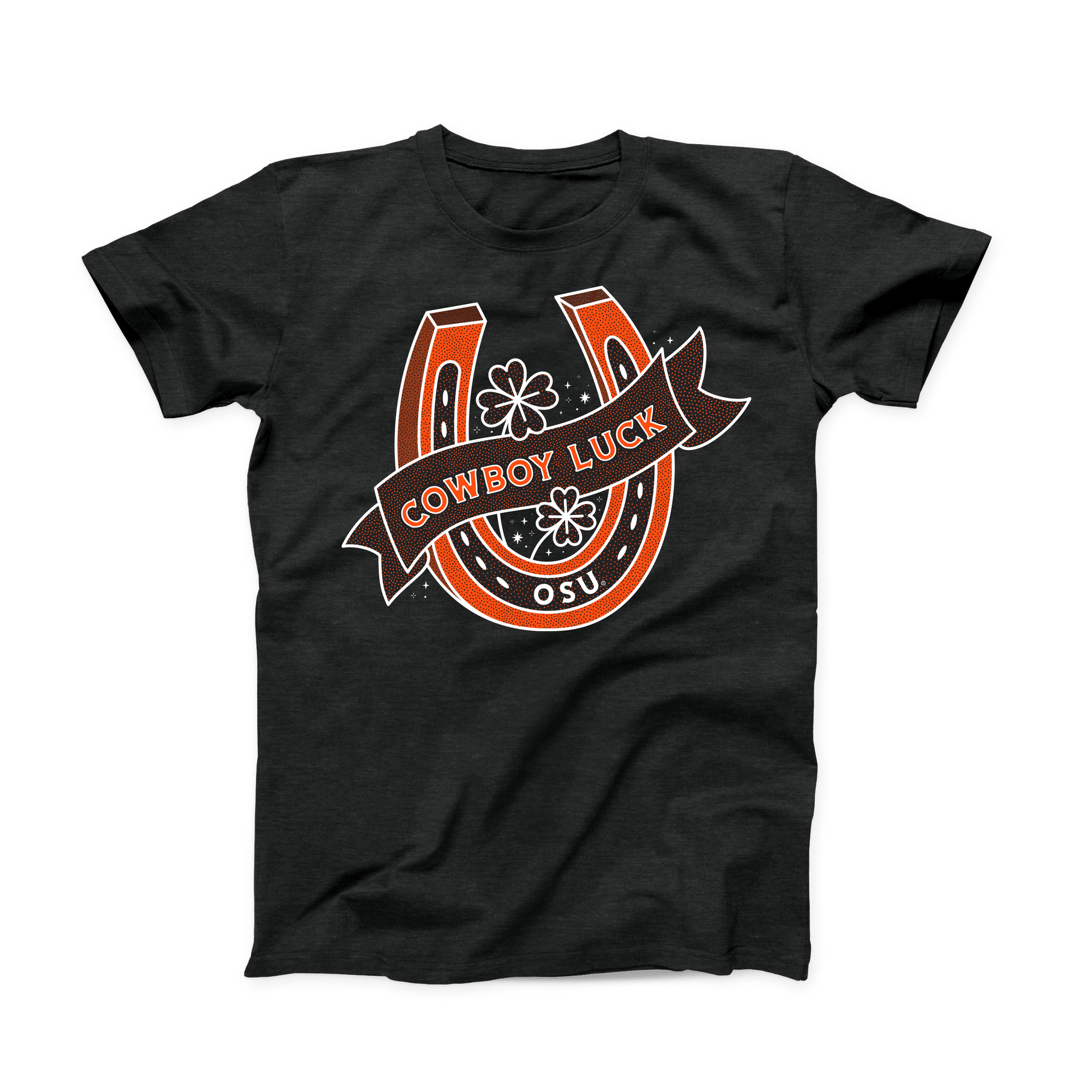 Front of black t-shirt with orange OSU horseshoe and “Cowboy Luck” design. March 2021 OSU Shirt of the Month.