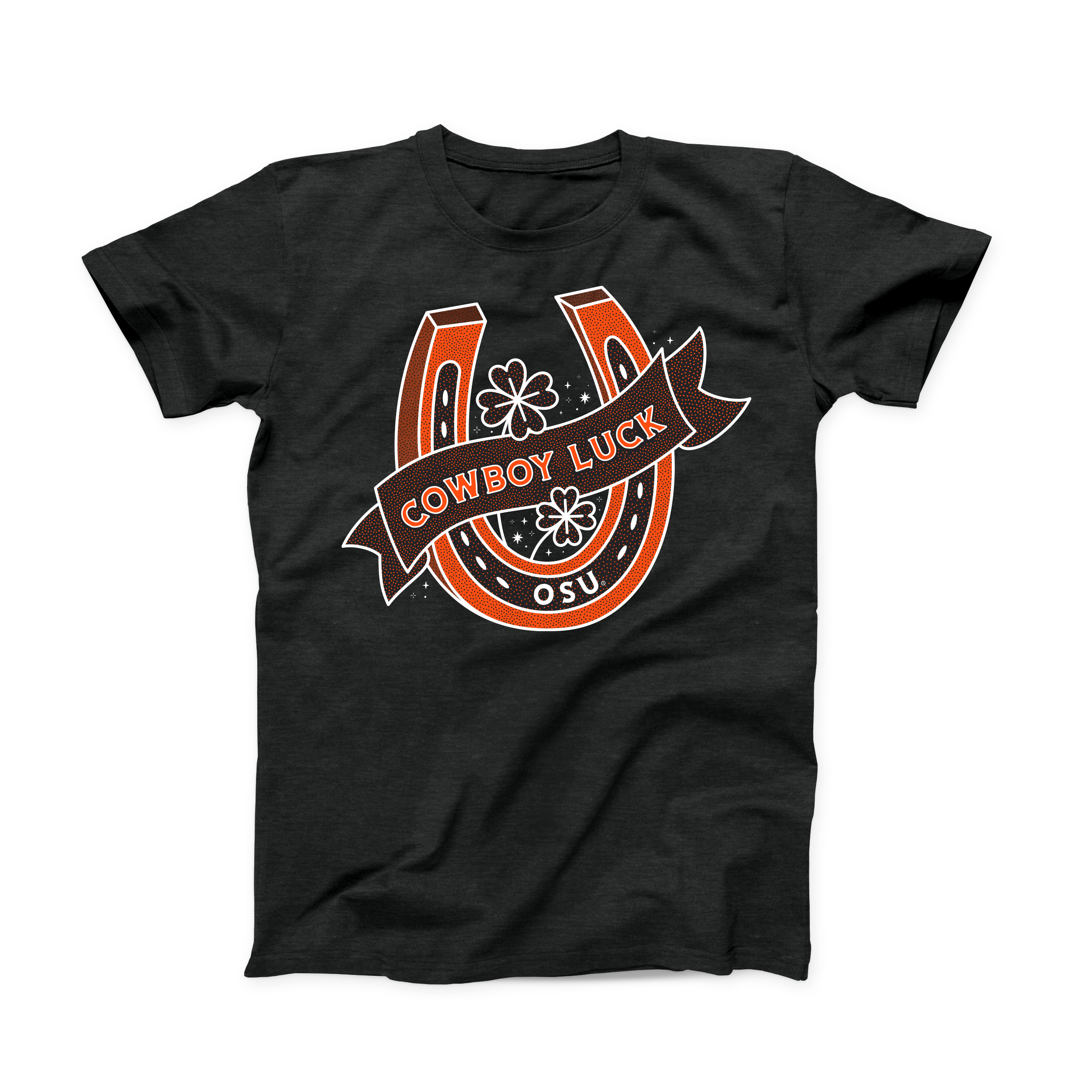 Front of black t-shirt with orange OSU horseshoe and “Cowboy Luck” design. March 2021 OSU Shirt of the Month.