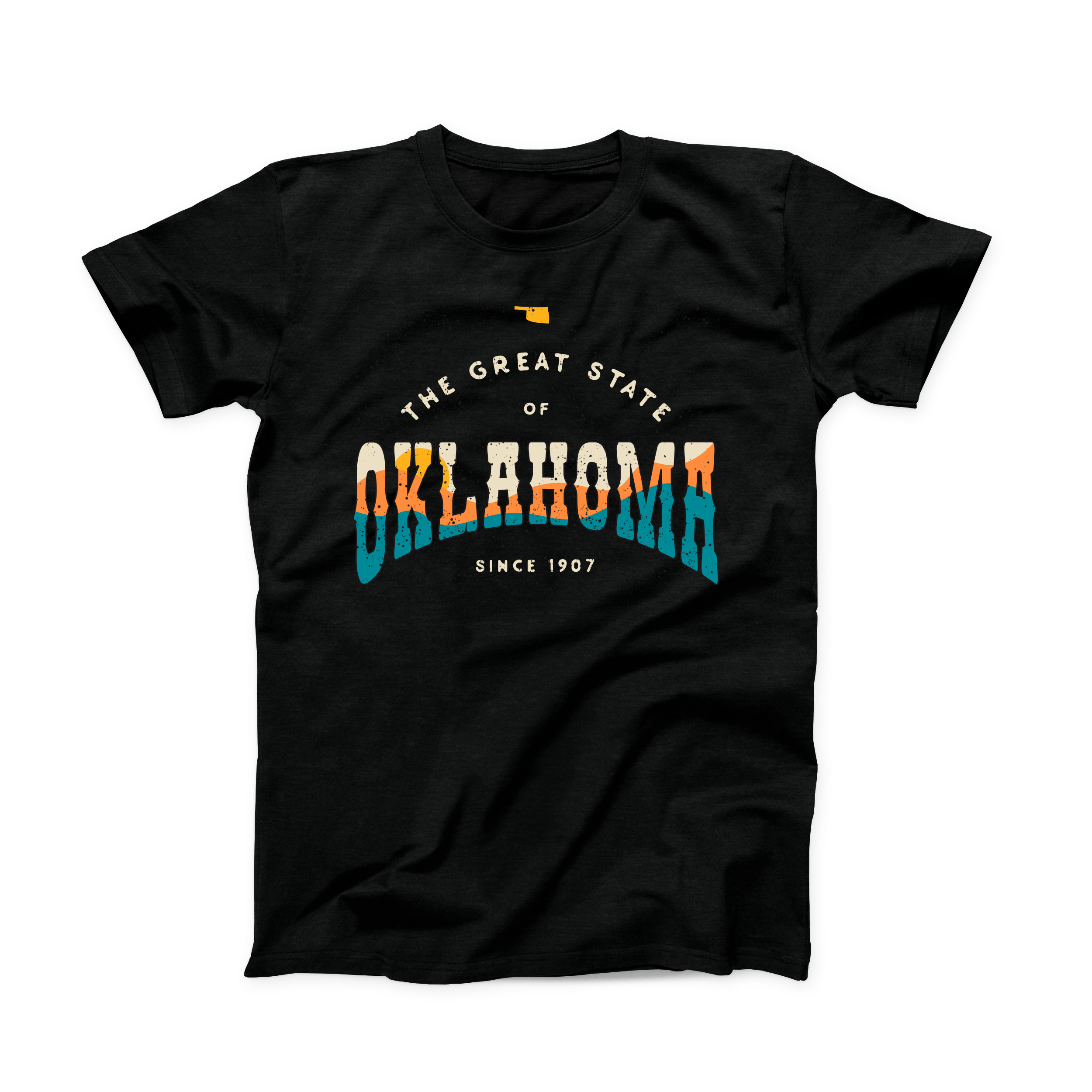 Front of black t-shirt with distressed Oklahoma text in orange and blue. April 2021 Oklahoma Shirt of the Month.