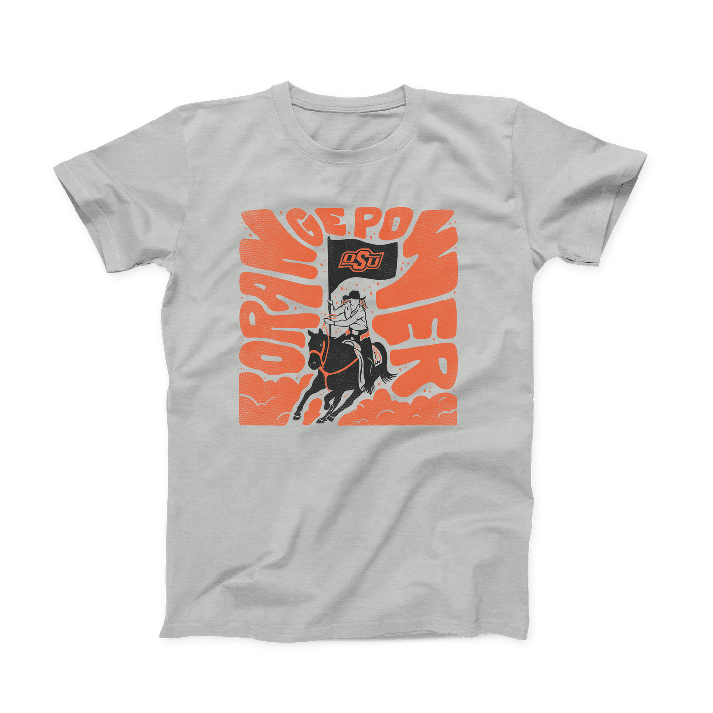 Silver Grey OSU T-shirt. Square design in orange and black of a Cowboy on horseback holding an OSU flag. Large, orange font "Orange Power" fit into the edges of the design and wrapped around the center figure. Orange colored dust clouds at the bottom to complete the square.