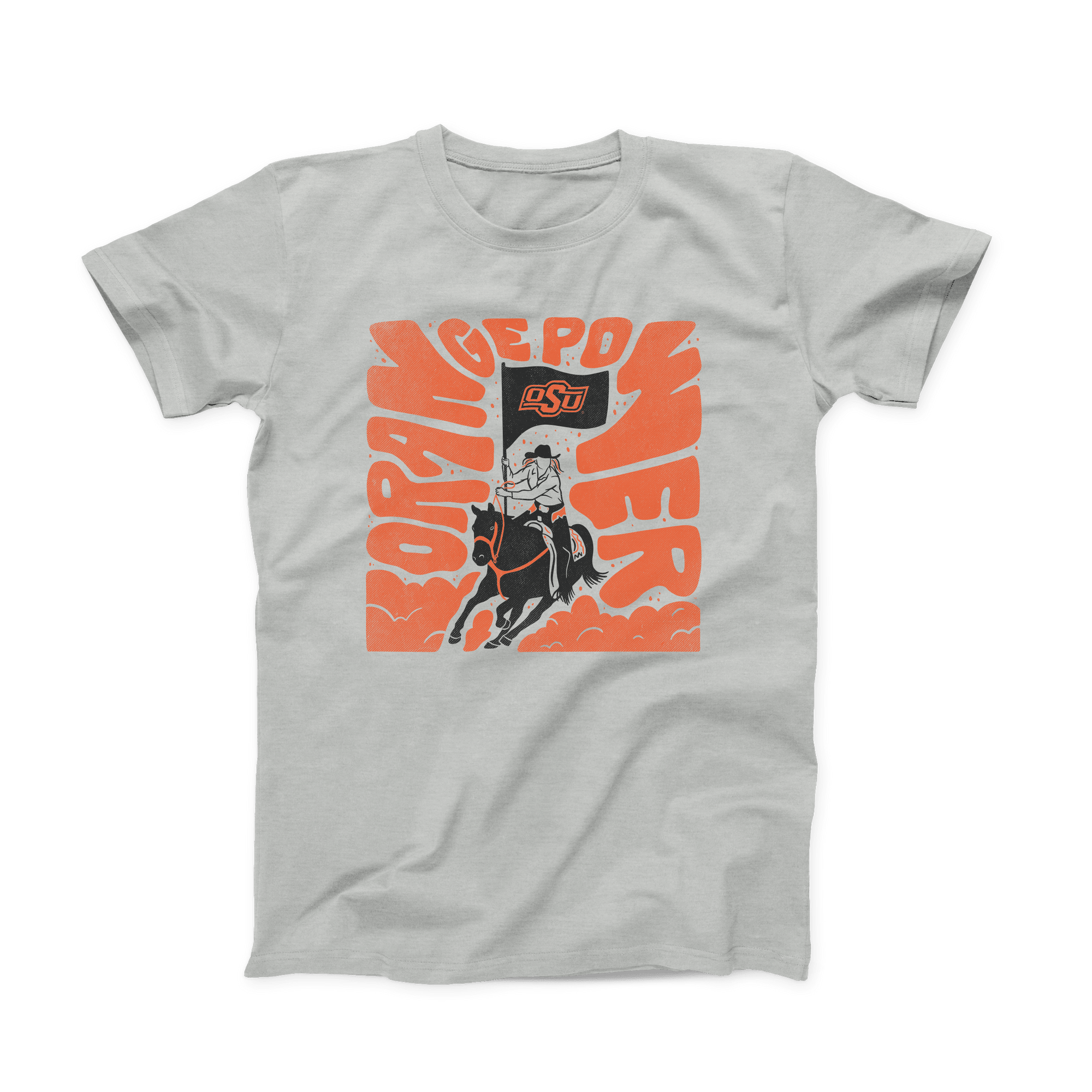 Front of silver t-shirt with OSU Spirit Rider and retro Orange Power text. April 2021 Oklahoma State Shirt of the Month.
